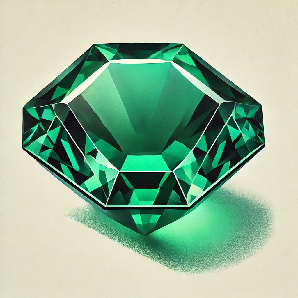 The Emerald gemstone, showcasing its vibrant green color and faceted brilliance. 