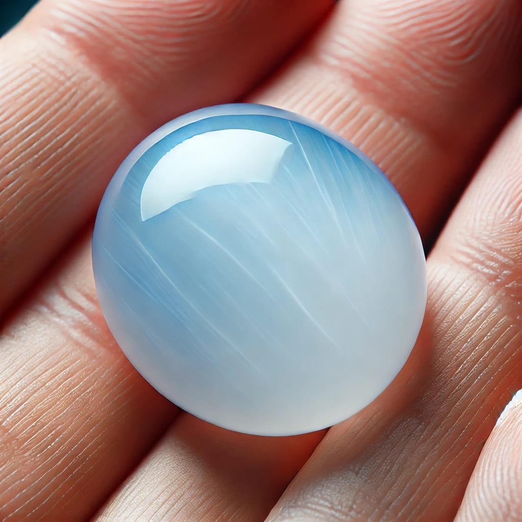 The Chalcedony gemstone, showcasing its bluish-white color and smooth, milky appearance. 