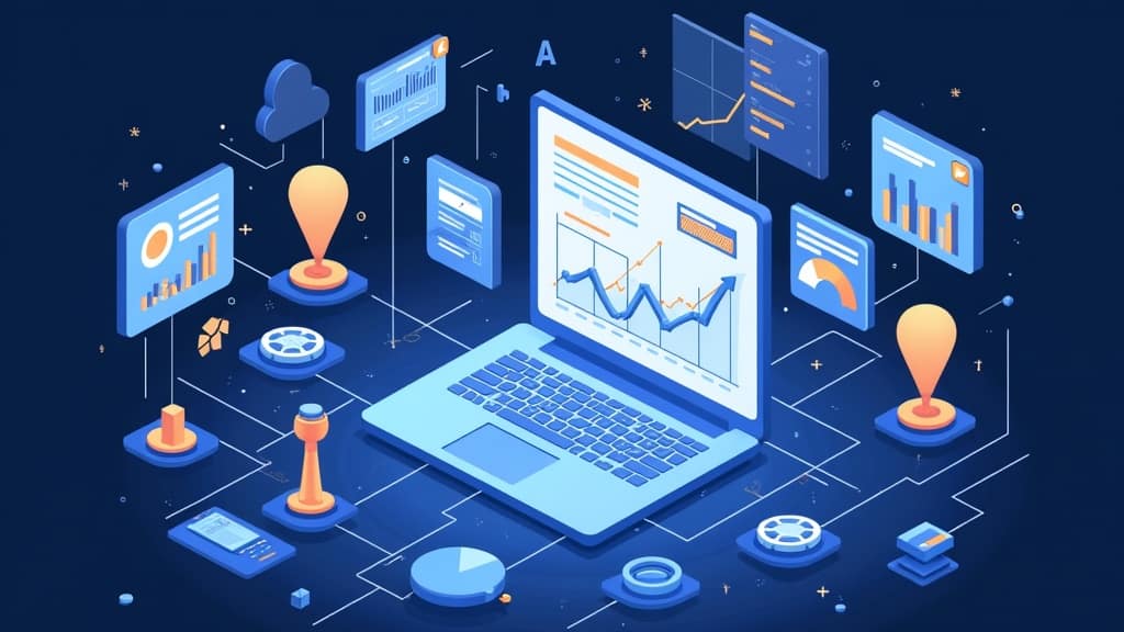 A visually dynamic illustration of AI-powered SEO tools and analytics charts on digital devices amidst tech startup symbols