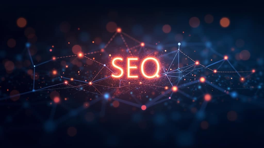 Advanced SEO Techniques For Affiliates 2 Colorful interconnected SEO icons against a sleek background