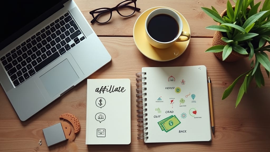 Affiliate Marketing For Bloggers 2 Stylized flat-lay of a blogger's desk with a laptop, notebook, and coffee plus digital icons for affiliate links and earnings.