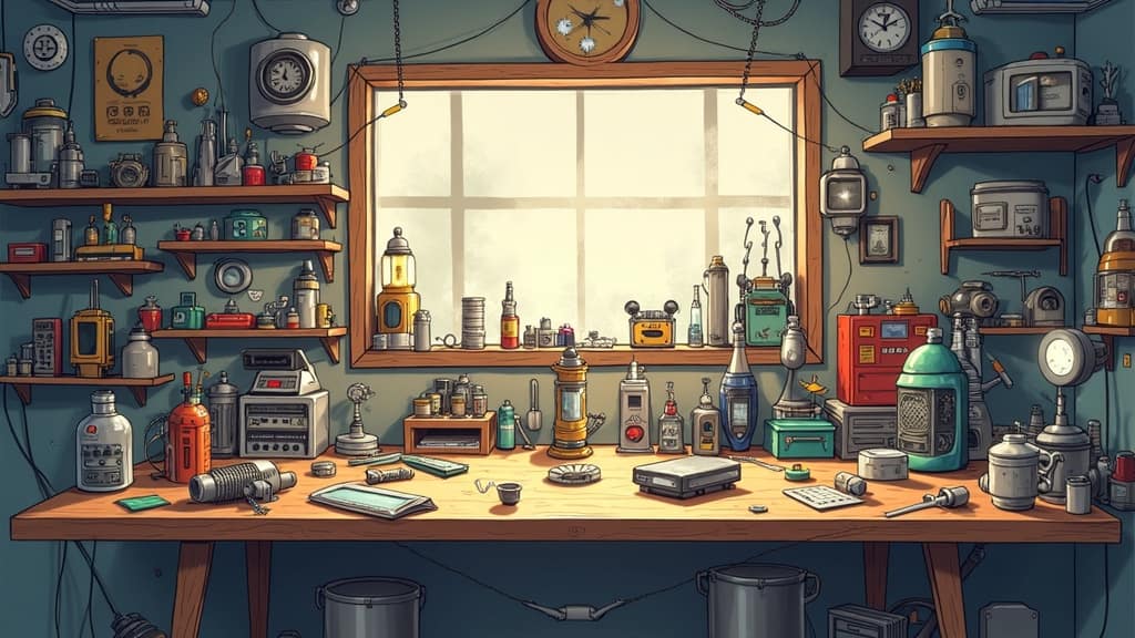 A concept sketch of various inventions and prototypes, filled with gadgets and mechanical objects on a workbench, in a workshop setting. Bright lighting and lots of creative clutter.