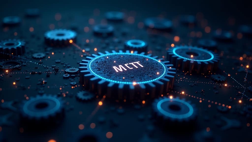 An abstract AI representation with gears, light, neural networks, and glowing connections, visually hinting at ethical complexity