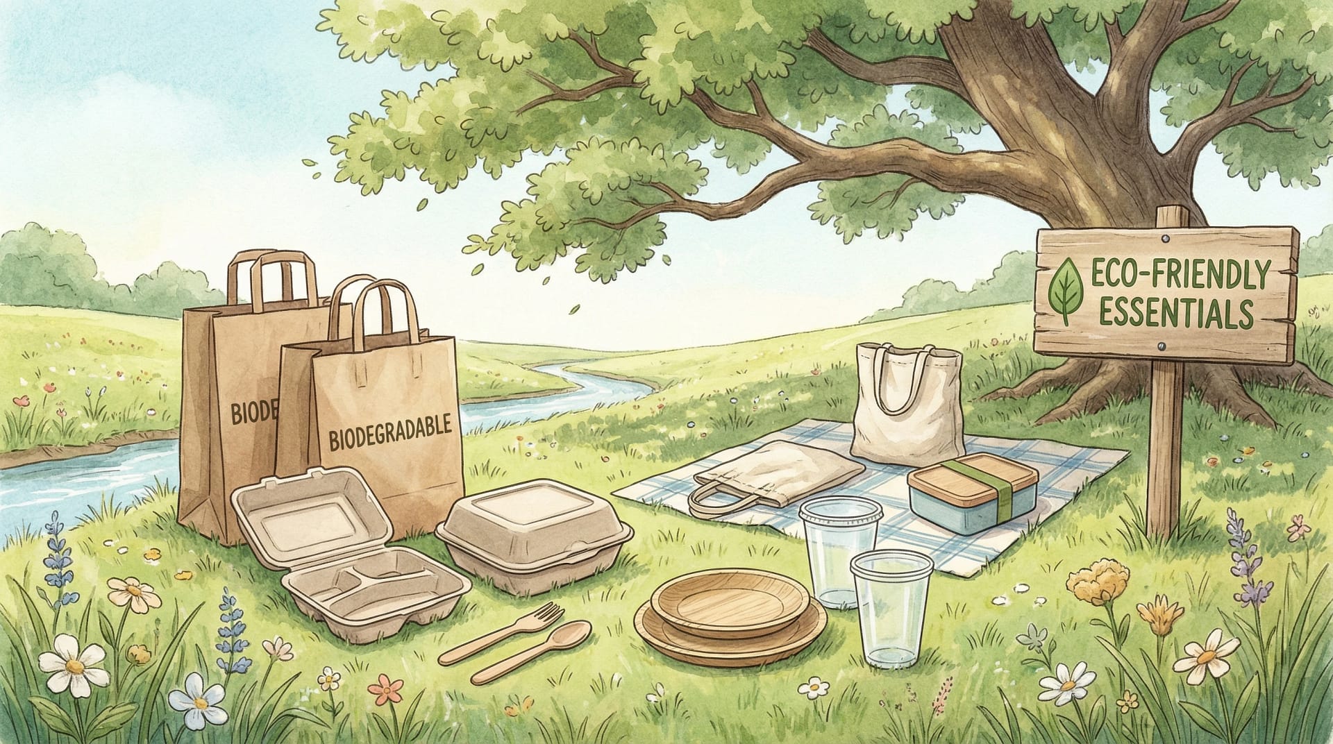 Illustration showing common biodegradable everyday items like packaging, plates, and bags in a clean, nature-inspired setting.