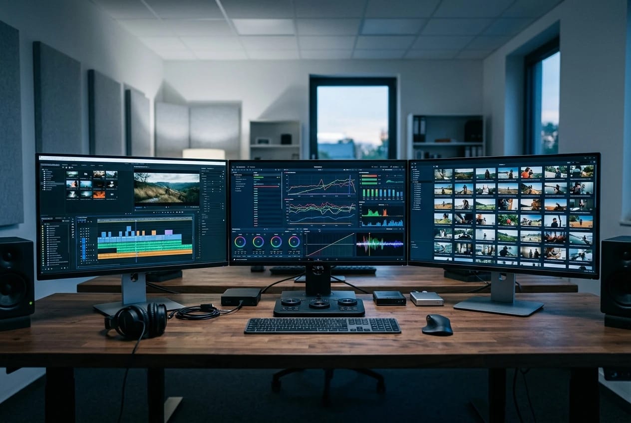 Best Video Seo Software For 2027 3 Three separate monitors arranged on a long desk, each displaying a different kind of video workspace: one with a video editing timeline, one with a performance graph on screen, and one with a video thumbnail grid, under cool office lighting.