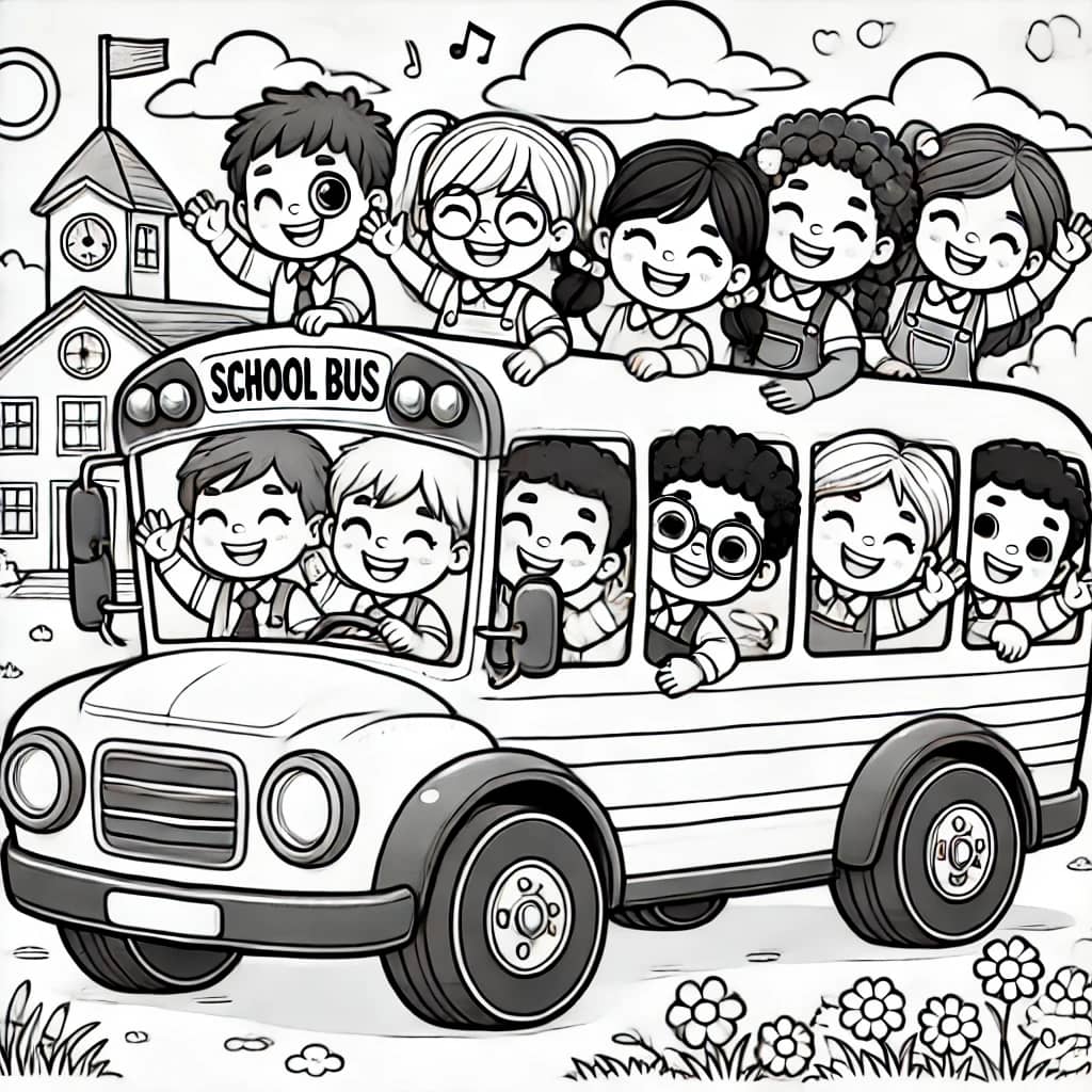 Kleurplaten met schoolbus, bereklasje en verstopperje spelen